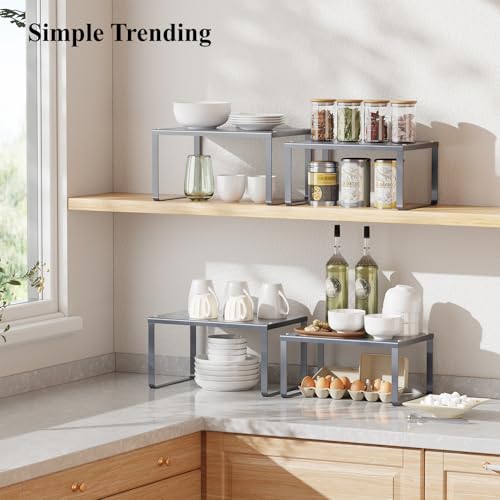 Simple Trending Cabinet Organizer Shelf, Set of 2 Kitchen Counter Shelves, Kitchen Storage, Stackable, Expandable, Metal Spice Rack for Cupboard, Bathroom, Desk, Pantry, Silver - color: Silver