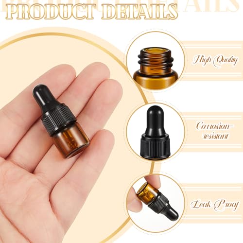 Didaey 200 Pcs 1/2/3/5/10/15 ml Mini Glass Oil Dropper Bottle Bulk, Clear Essential Small Empty Bottles Sample Containers Perfume Liquid Vials with Cap for Traveling (1 ml,Amber) - color: Amber, size: 1 ml