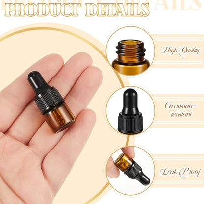 Didaey 200 Pcs 1/2/3/5/10/15 ml Mini Glass Oil Dropper Bottle Bulk, Clear Essential Small Empty Bottles Sample Containers Perfume Liquid Vials with Cap for Traveling (1 ml,Amber) - color: Amber, size: 1 ml