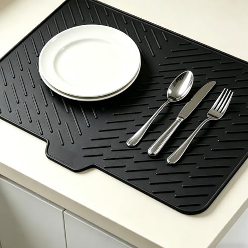 Silicone Dish Drying Mat for Kitchen Counter,23"X17" With Built-in Drain Lip,Food-Grade Silicone, Heat-Resistant Eco-friendly Hygienic Drying Mat Leak-Proof and Non-Slip, Multi-Functional Use（Black） - color: Black, size: 23" x 17"