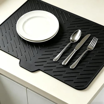 Silicone Dish Drying Mat for Kitchen Counter,23"X17" With Built-in Drain Lip,Food-Grade Silicone, Heat-Resistant Eco-friendly Hygienic Drying Mat Leak-Proof and Non-Slip, Multi-Functional Use（Black） - color: Black, size: 23" x 17"