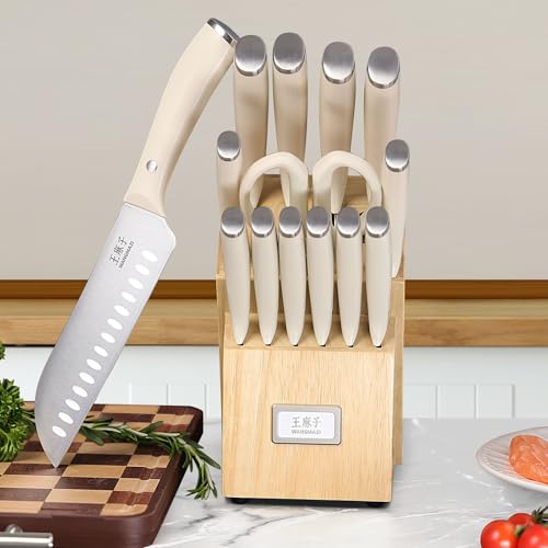 WANGMAZI 15 Pcs Knife Block Set, Japanese High Carbon Stainless Steel Sharp Blade Knife Set, Razor Sharp Knives Set for Kitchen, Dishwasher Safe, Elegant Box for Men Women, Natural - color: 01-Natural
