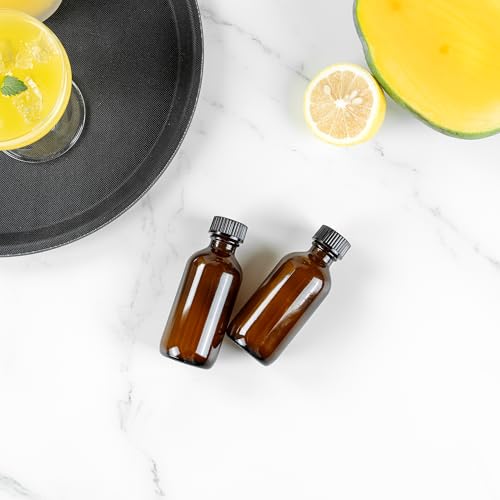 Restaurantware Vetri 2 Ounce Boston Glass Bottles, 48 Sample Bottles With Black Phenolic Caps - Dishwashable, Round, Amber Glass Bottle, For Potion, Juice, Ginger Shots, Whiskey, Liquids - color: Amber, size: 2 oz