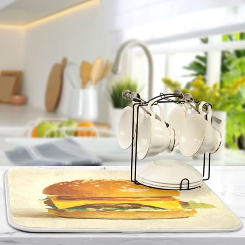 Burger Cheese Lettuce Beige Dish Drying Mat Kitchen Dish Drying Pad Absorbent Microfiber Kitchen Decor for Sinks Draining Racks Countertops 16x18 Inch - size: 16x18in