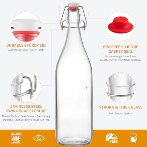 8 Set, 16 OZ Swing Top Glass Bottles - Flip Top Beer Brewing Bottles with Stopper for 2nd Fermentation, Kombucha, Mead Kefir, Vanilla Extract, Juice, Tea, Wine - Airtight Cap Lids, Bonus 2 Pourers