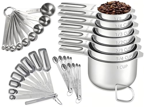 35PCS Stainless Steel Measuring Cups and Spoons Set, 7 Nesting Measuring Cups, Round & Rectangular Spoons with Clear Engraved Markings, 2-Pack Mini Spoon Sets with Leveler for Precise Cooking & Baking - size: Set of 35