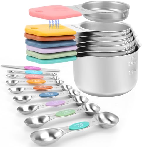 Magnetic Measuring Cups and Spoons Set-Heavy Duty 304 Stainless Steel，Double Measurement Markings，Set of 16 with Leveler for Measure Dry and Liquid Ingredients - color: Color