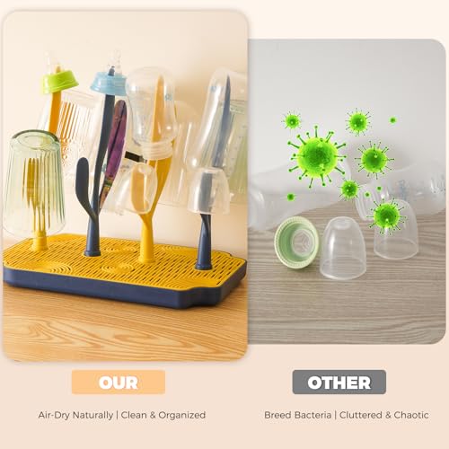 Baby Bottle Drying Rack with Tray – Space Saving Bottle Organizer & Drying Holder for Bottles, Cups, Nipples and Pump Parts – Countertop Rack for Baby Feeding Supplies (Yellow/Blue)