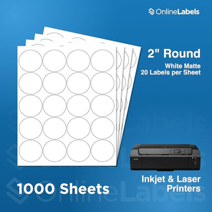 2" Round Labels - Permanent Adhesive, White Matte - Great for Candle and Jar Lids, Products, Favor Labels - Pack of 20,000 Circle Stickers, 1,000 Sheets - Inkjet/Laser Printers, OL5375WX, OnlineLabels - size: 1000 Sheet Pack