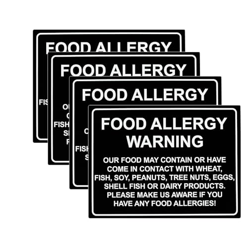 4 Pcs Food Allergy Warning Sign, Self Adhesive Waterproof Cottage Food Law Labels Stickers, Restaurant Cafe Bar Kitchen Safety Labels Stickers for Public Dining Areas (200x150mm)