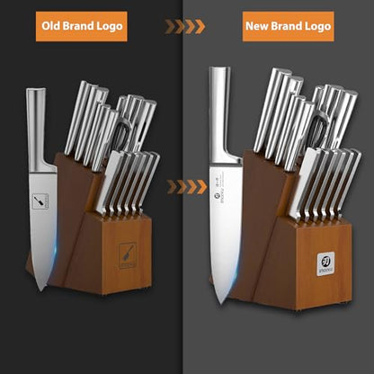 imarku 15-Piece Knife Block Set Built-in Sharpener, Japanese High Carbon Stainless Steel Kitchen Knife Set, Dishwasher Safe, Chef Knife Set with Wooden Knife Block, Santoku Knives for Kitchen Cooking - color: Brown