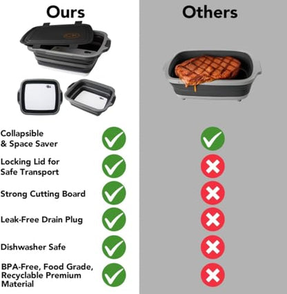 Collapsible BBQ Prep Tub - Includes Cutting Board, LOCKING Lid & Strong Drain Hole for Meal Prep & Marinating | BPA-Free, Food-Grade BBQ & Meat Prep Tubs, Best Grilling Gifts (Black, 8 L) - color: Black, size: 8 Liters