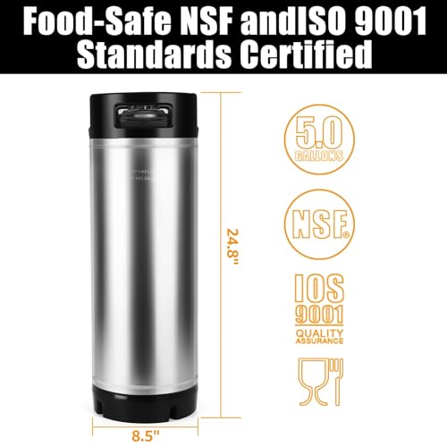 New 5 Gallon Ball Lock Keg, Cornelius Keg 304 Stainless Steel Corny Keg with Dual Rubber Handles & Heavy-Duty Rubber Bottom, Beer Keg for Home Brewing (19L) - size: 5 Gallon (Dual Rubber Handles)
