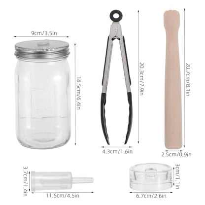 Luxshiny 1 Set Sauerkraut Fermentation Kit: Wide Mouth Mason Jar - Pickling Kit with Glass Weights Wood Muddler Lids Airlocks Silicone Rings for Komnucha Hot Sauce Cider