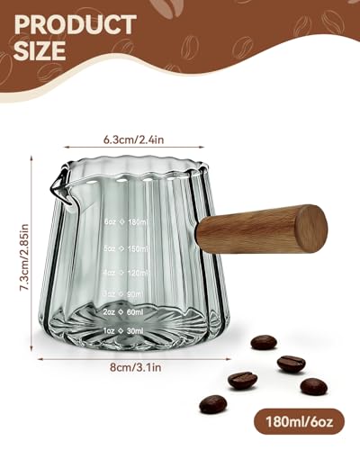 2 PCS Espresso Measuring Cup 6 Oz, Espresso Glass Cups with Wood Handle, Milk Frothing Cup, Espresso Cup for Coffee, Milk, Tea or Maple Syrup Serving (Grey) - color: Gray