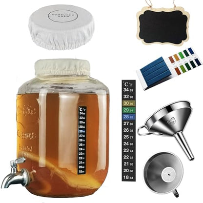Kombucha & Jun Starter Kit - 1.3 Gallon Glass Jar With Stainless Steel Spigot Perfect for Continuous Brewing, pH Test Strips, Temperature Strip, Cloth Cover, Funnel with Filters - style: Kombucha Brew Kit with 1.3gallon Jar