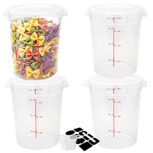 BIEAMA 4 Pack 8 Qt Round Food Storage Containers with Lids, Translucent PP | Include lids, labels, measuring cups and containers with capacity markings for food prep, pantry storage and dough proofing. - color: 8Qt Round-4 Pack