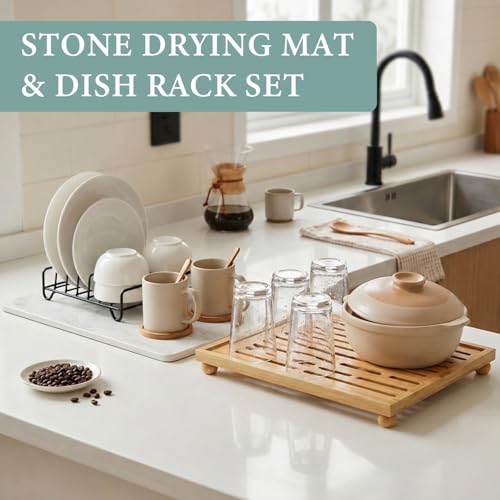 Golener Stone Drying Mat for Kitchen Counter, Dish Drying Pad with Bamboo Rack, Super Absorbent Diatomaceous Earth and Drying Rack, Multi-purpose Quick Drying Mat Rack for Kitchen,Marble White,16”x12”