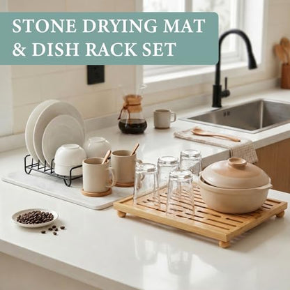 Golener Stone Drying Mat for Kitchen Counter, Dish Drying Pad with Bamboo Rack, Super Absorbent Diatomaceous Earth and Drying Rack, Multi-purpose Quick Drying Mat Rack for Kitchen,Marble White,16”x12”