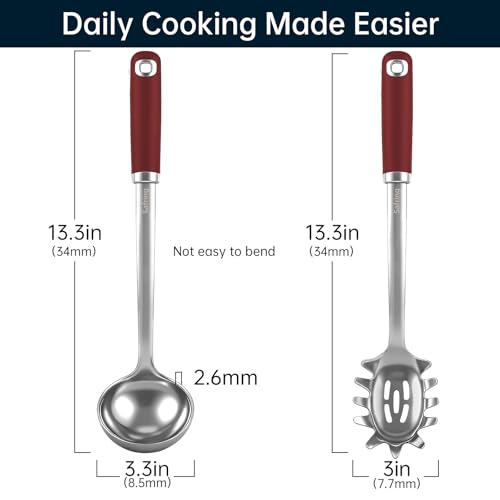 Safring Stainless Steel Soup Ladle and Spaghetti Spoon Set, Heat Resistant Rubber Handle, Dishwasher Safe, Kitchen Utensils for Cooking, Stirring, Serving Pasta, Soup & Sauce (Red) - color: Red