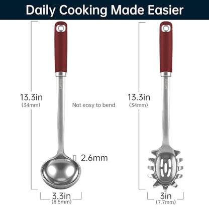 Safring Stainless Steel Soup Ladle and Spaghetti Spoon Set, Heat Resistant Rubber Handle, Dishwasher Safe, Kitchen Utensils for Cooking, Stirring, Serving Pasta, Soup & Sauce (Red) - color: Red