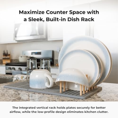 Stone Dish Drying Mat with Bamboo Rack – Fast-Drying Diatomaceous Earth Surface with Non-Slip Silicone Base – Eco-Friendly, Super Absorbent Drying Pad for Kitchen Countertops and Dishes (Gray)