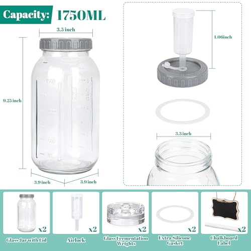 64oz/2L Fermentation Jar Kit with Fermenting Weights and Airlock Lids, Wide Mouth Glass Jars with Scale Mark for Making and Storing Sauerkraut, Pickles (Pack of 2) - size: 64oz * 2pack