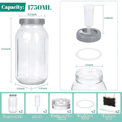 64oz/2L Fermentation Jar Kit with Fermenting Weights and Airlock Lids, Wide Mouth Glass Jars with Scale Mark for Making and Storing Sauerkraut, Pickles (Pack of 2) - size: 64oz * 2pack