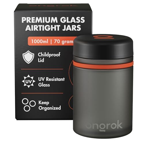 ONGROK Glass Storage Jar, 1L, Single Pack, UV Herb/Spice Jar with Child Resistant Lid, Color-Coded Glass Containers Air Proof to Preserve Smell and Aroma, Perfect Size to Store in a Drawer or Cupboard - size: 1000ML - 1 Pack