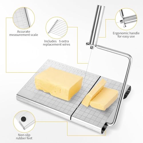 Cheese Slicer with Measuring Grids, Stainless Steel Metal Cheese Cutter and Cutting Board for Block Cheese, with 5 Replacement Extra Wires, Easy to Clean, Dishwasher Safe