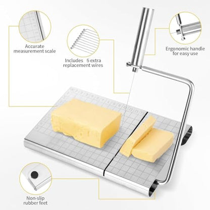 Cheese Slicer with Measuring Grids, Stainless Steel Metal Cheese Cutter and Cutting Board for Block Cheese, with 5 Replacement Extra Wires, Easy to Clean, Dishwasher Safe