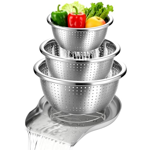 Palksky Stainless Steel Colander Set with Self-Draining Base, 3 Sizes Colanders & Food Strainers for Pasta, Rice, Fruits & Veggies, Metal Colander with Draining Plate for Sink or Countertop - color: 3 Sizes Stainless Steel Colander Set with Self-Draining