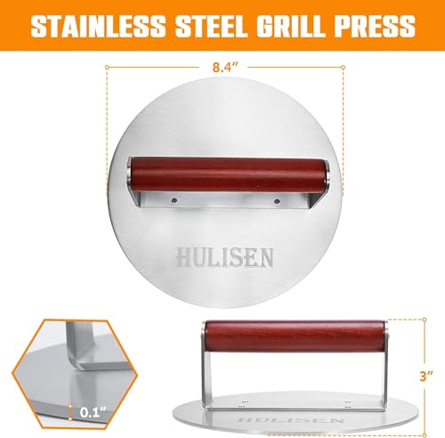 HULISEN 8.5-Inch Burger Press, 2.5 lbs Heavy Duty Bacon & Grill Press, Stainless Steel Smashed Burger Press, Round Smasher with Wood Handle, BBQ Griddle Accessories for Hamburger, Steak, Meat - size: 8.5 Inch Round