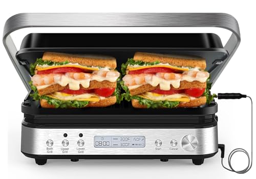 CATTLEMAN Panini Press Grill Sandwich Maker with Removable Plates, 1600W, 5 in 1 Smokeless Indoor Grill & Griddle with Meat Thermometer, Electric Contact Grills for Kitchen, Stainless Steel - color: Silver with Reversible Plates