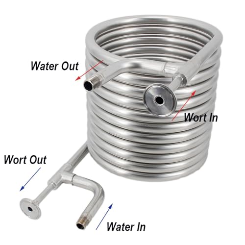 Stainless Steel 304 1Pcs Immersion Wort Chiller,Convoluted Counterflow Wort Chiller Package Male Quick Disconnects with Inline Thermometer