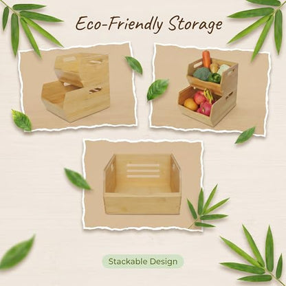Bamboo Pantry Storage Bins , Ventilated stackable Design Potato and Onion Storage Bin Kitchen Organization Storage Basket Food Fruit Container for Cabinet, Studio, Office