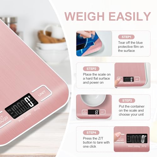 Food Scale, 11lb Kitchen Scale with 6 Units Tare Function & LCD Display, 0.05oz/1g Stainless Steel Digital Food Scale Grams and Ounces for Baking, Cooking, Dieting and Meal Prep (Pink) - color: Pink