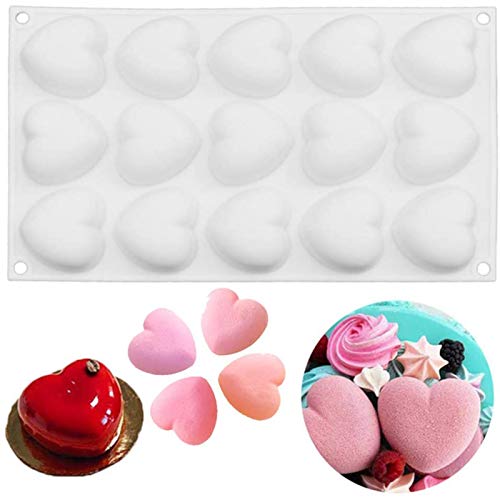 OCPO KITCHEN Mini Heart Silicone Molds for Baking Mousse Cake, Candy, Chocolate, Pastry, Truffle, Cupcake, Jelly, Cookie, Pudding, Cake Decoration Mold, 3D Heart Shape (15-Cavity) - style: Heart (15-Cavity)
