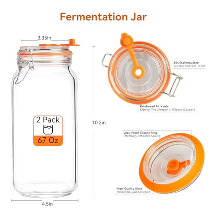 67 Oz Glass Fermentation Jars Kit - 2 Pack Kimchi Wide Mouth Fermenting Container with Airlocks, Sauerkraut Fermenter Making Set for Pickling Canning Sauce, Includes Recipes - size: 2 Pack 67 Oz