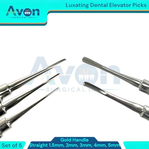 1.5, 2mm, 3mm, 4mm, 5mm, Straight Tipped Hollow Handle Root Extraction Elevators | Stainless Steel German | 5 Piece Bundle - Gold