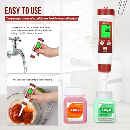 Digital pH Meter for Food Fermentation with pH Calibration Solution | Spear Tip Food pH Tester Fermentation, Hot Sauce Canning, Cheese Cooking Sourdough Bread, Water Resistant, Solid and Water - color: Red