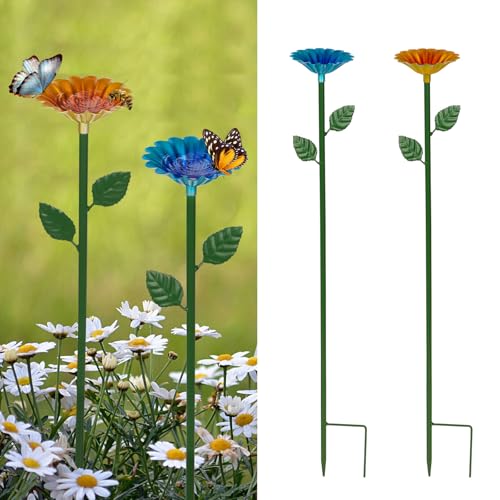2 Pack Bee Watering Station,Bee Bath for Garden Metal Bee Water Feeder with Flower Design, Colorful Butterfly Bee Bath Bowl for Outdoor Garden Yard Decor (Blue,Yellow) - color: 2 Pack (Blue,Yellow)