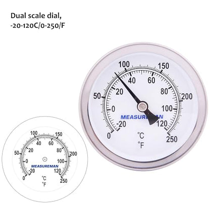 MEASUREMAN Hot Water Bi-Metal Thermometer, 2-1/2" Dial, 1-3/4" Lead-Free Brass Stem, Range 0-250 deg F/-20-120 deg C, 2% Accuracy, Adjustable, 1/2" NPT Back Mount（2 Pack - size: 0-250 deg F/-20-120 deg C, style: 1-3/4" Stem 2pc