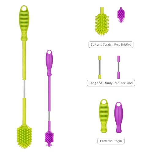 A-Brush Silicone Bottle Cleaner Brush, 2 Piece Set, Flexible, Long Handle - Water Bottle Cleaner, Baby Bottle Nipple Brush for Plastic & Glass, BPA-Free Dish Washing Brush A2S Protection - color: Green - Purple 2pk