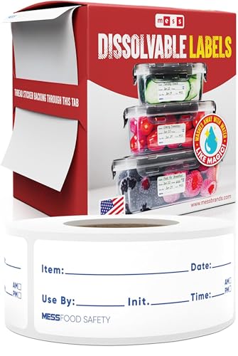 Dissolvable Food Labels, 1x3 in, 200/Roll, Meal Prep, Pantry, Canning Jars | Melts away in 30 seconds in water, no soaking, scrubbing, or residue, write on with pen or marker, freezer, bottles, lids - size: 1x3"