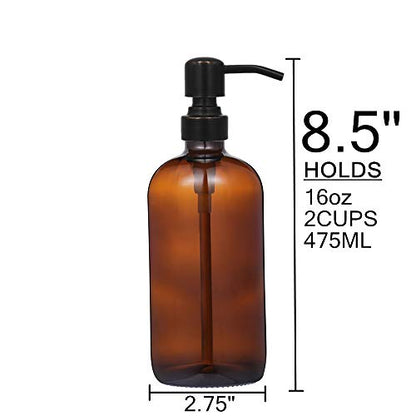 2 Pack 16 Ounce Boston Round Glass Bottles Soap Dispenser with Oil Rubbed Bronze Stainless Steel Pumps | Oil Rubbed Bronze Stainless Steel Pumps - color: Black and Clear