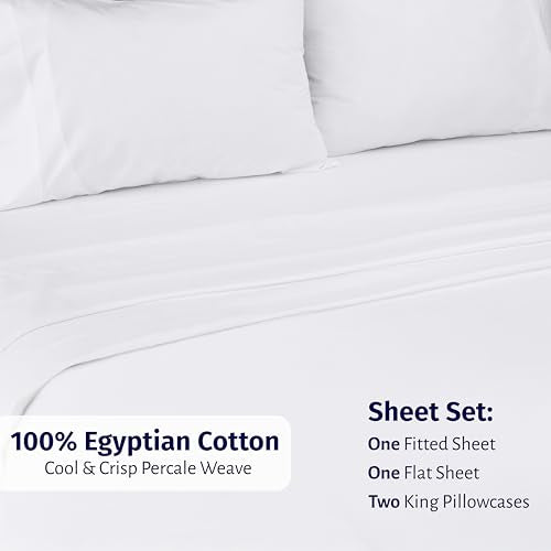 California Design Den Certified 100% Egyptian Cotton Sheets King Size Deep Pocket Set - King Percale Sheet Set with Deep Pockets, Lightweight, Crisp, Durable Luxury Bedding - White - color: Bright White, size: King