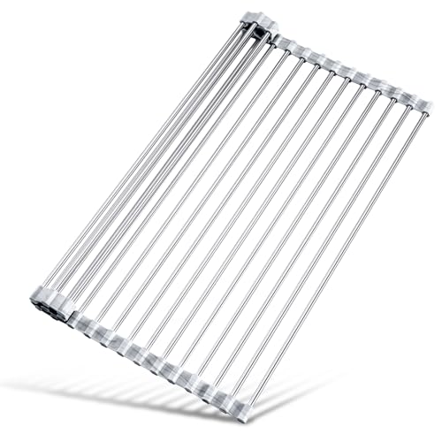 Tomorotec Stainless Steel Roll-Up Dish Drying Rack Marble Color Silicone Edges, Foldable Kitchen Rack Heat Resistant Trivet Supports up to 70 lbs, Food Safe for Dishes, Cookware & More - color: Marble, size: 17.7 x 12.5 in