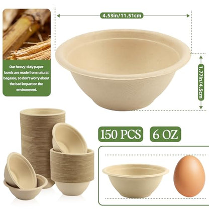 LeonBach 150 Pack 6oz Natural Bagasse Fiber Bowls, Small Disposable Paper Bowls Microwavable Safe Sample Snack Cups Charcuterie Serving Cups for Sauce Portion Condiment Ice Cream Desserts - color: Brown, style: 6oz-150 Pack