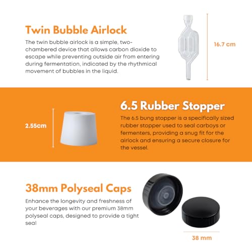 FastRack 1 Gallon Glass Jug with Black Polyseal Cap, 6.5 Rubber Bung & Twin Bubble Airlock – Fermentation jugs for Home Brewing, Clear Glass Fermenter Containers for Liquid Fermentation - size: 1 Gallon